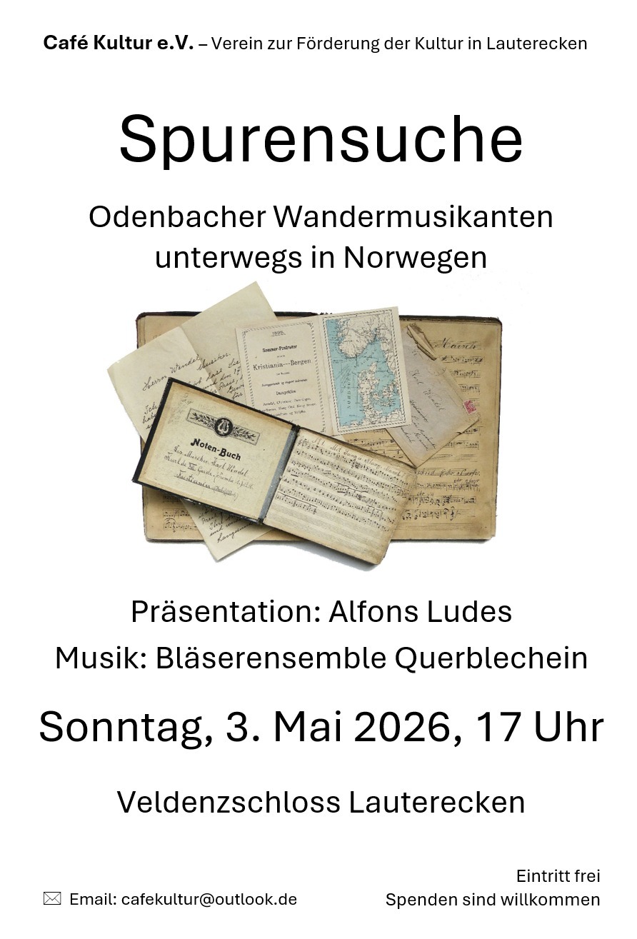 Plakat Vortrag mit Musik am 03.05.2026: Spurensuche - Odenbacher Wandermusikanten unterwegs in Norwegen